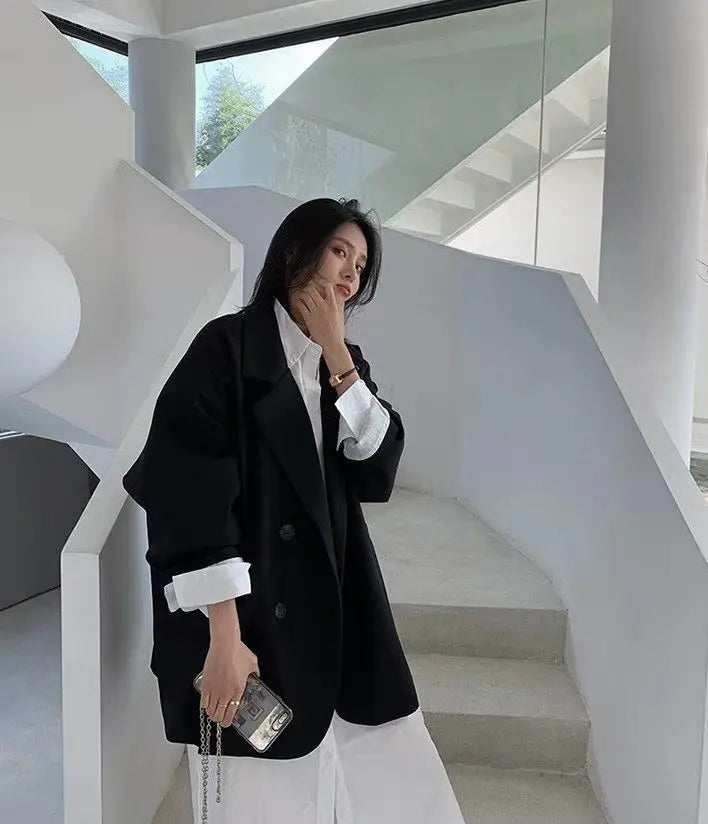 Blazer feminino minimalista, liso, elegante, estilo retrô, oficial, moda high street, feminino, versátil, confortável para a primavera