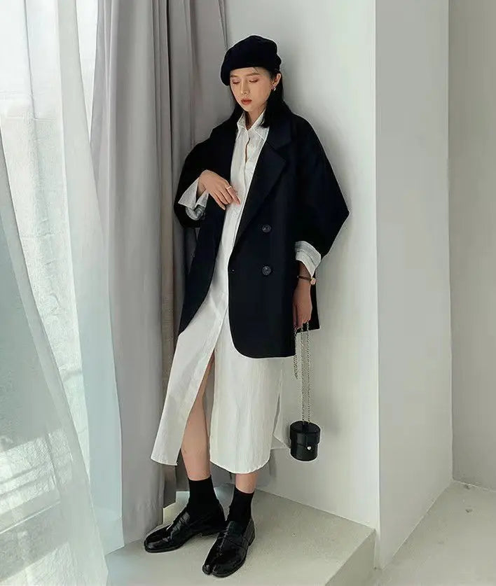 Blazer feminino minimalista, liso, elegante, estilo retrô, oficial, moda high street, feminino, versátil, confortável para a primavera