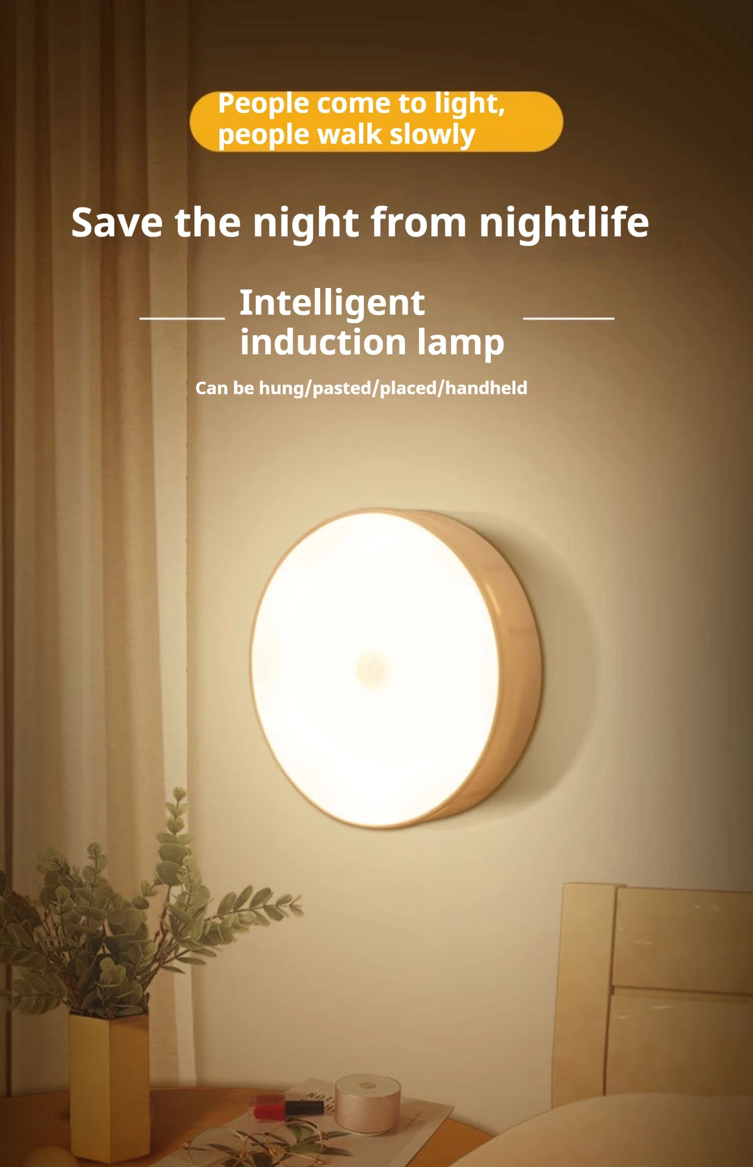 Luminária Noturna com Sensor de Movimento (1 peça) Lâmpada LED sem fio com detector de presença — ideal para quarto, escada, closet e decoração de ambientes.