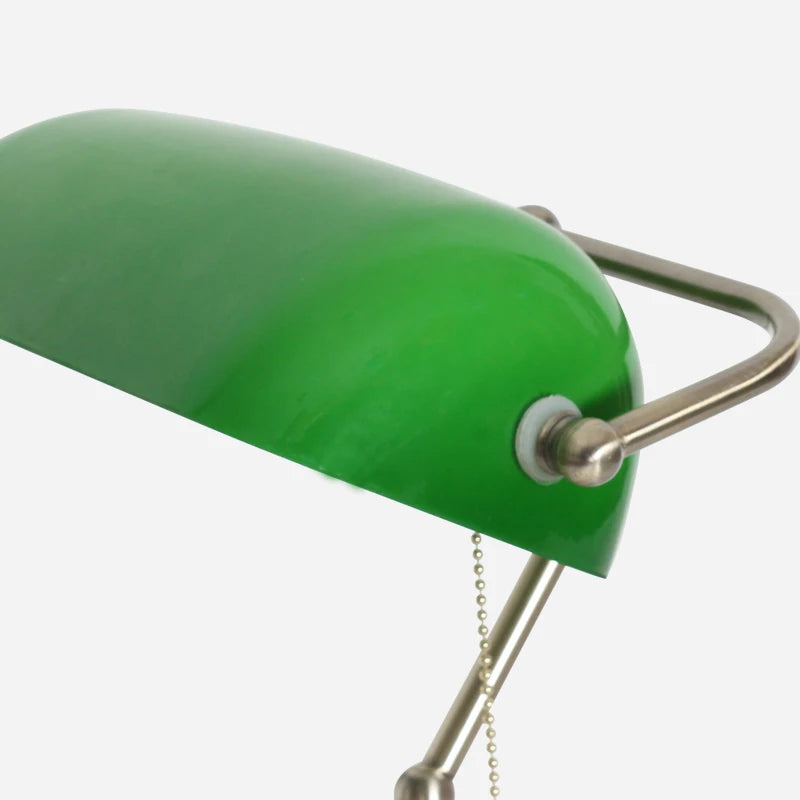 Luminária de Mesa Vintage de Vidro Verde com LED e Interruptor de Zíper – Estilo Banqueta (Banker’s Lamp) para Escritório, Quarto, Mesa de Cabeceira, Estudo e Leitura