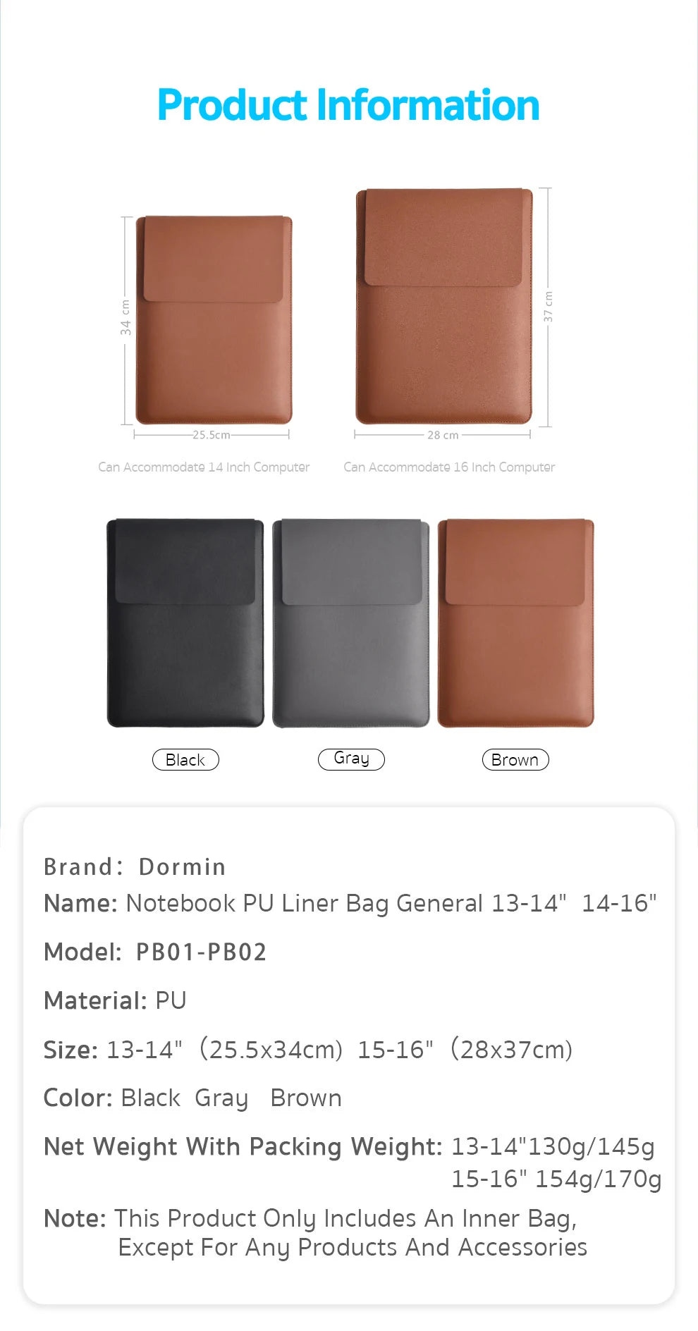 Bolsa capa Dormin para laptop – compatível com Apple MacBook Air/Pro 13 M1 M2 2020, capa para notebook ASUS 11, 12, 13.3, 14, 15, 15.6 e 16 polegadas.