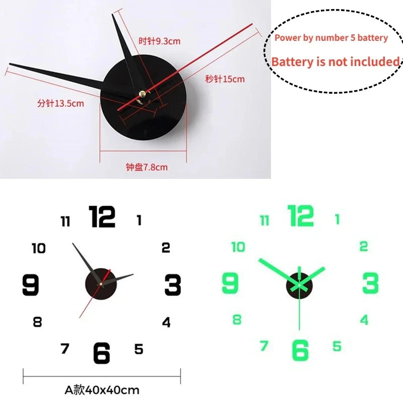 Relógio criativo minimalista luminoso sem moldura, silencioso, de parede, sem furo, para sala de estar e quarto